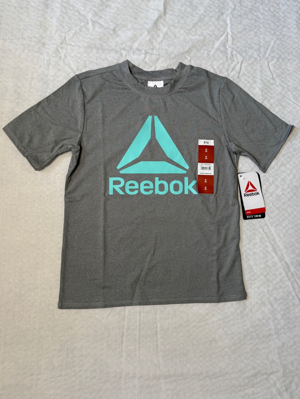Reebok Boys Gray Swimming Tee with Aqua Logo Graphic kids rash guard Size 8 nwt